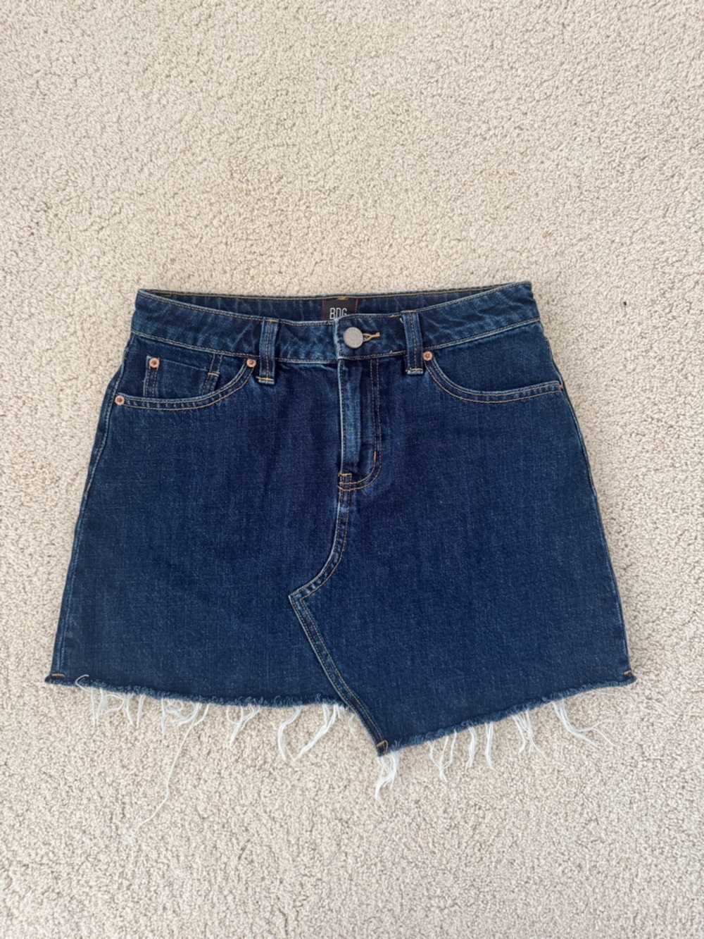 UO BDG Dark Blue Denim Jean Skirt with Tan Stitching